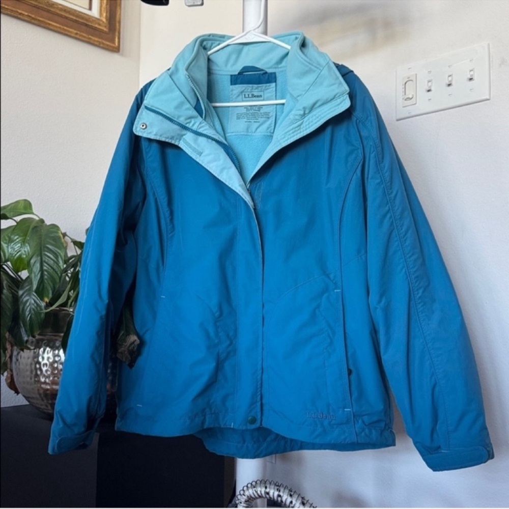 LL Bean Women’s Fleece Lined Jacket/Coat Sz XL Blue Hoodie Packable Windbreaker